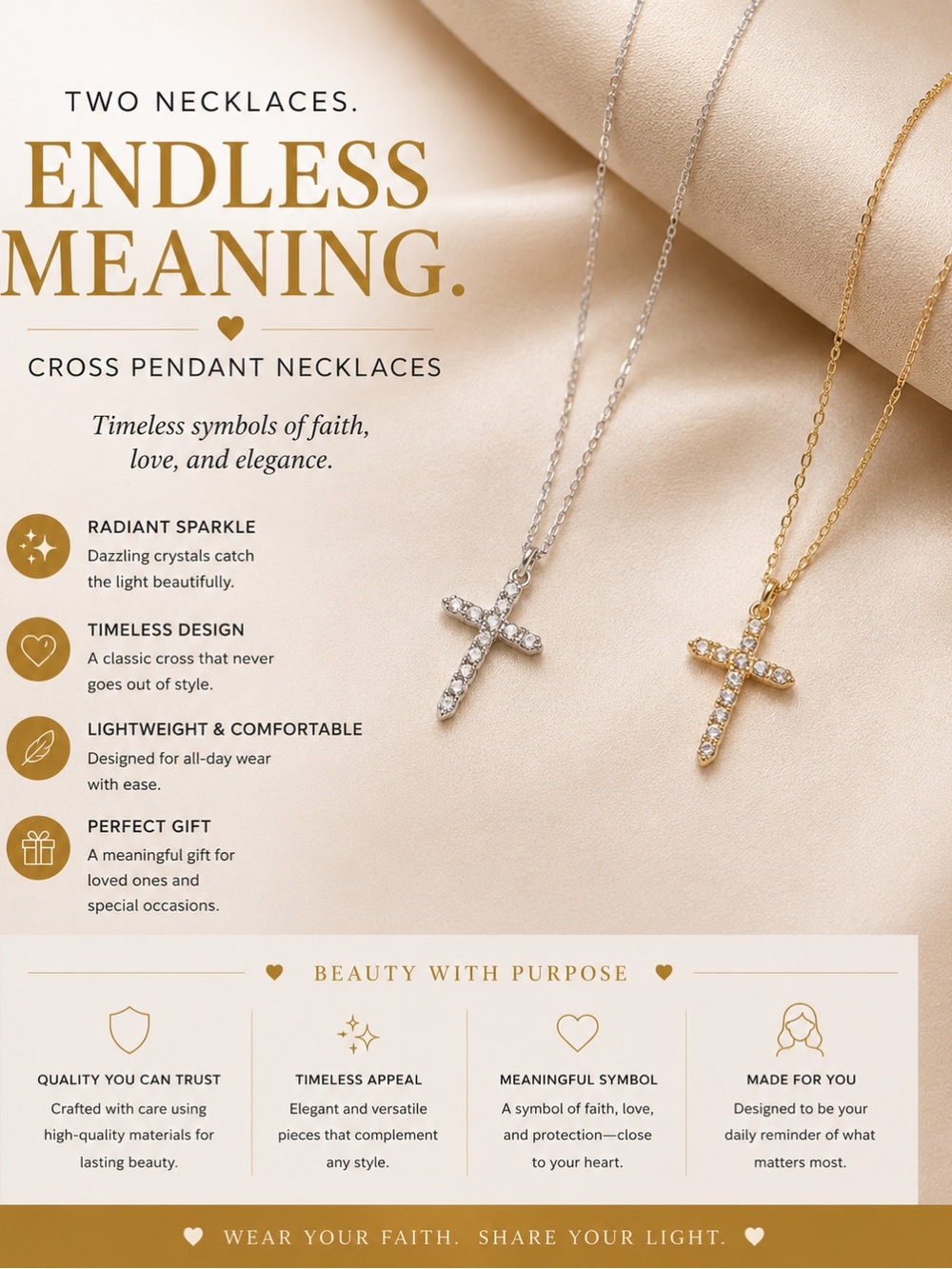 Cross Pendant Necklace- Gold Finish Crystal Cross-16”